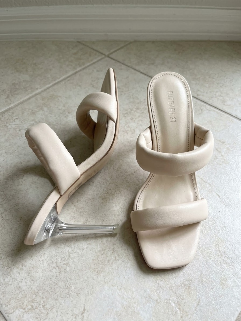 Forever 21 Padded Double-Strap Mules in Cream with Clear Heel